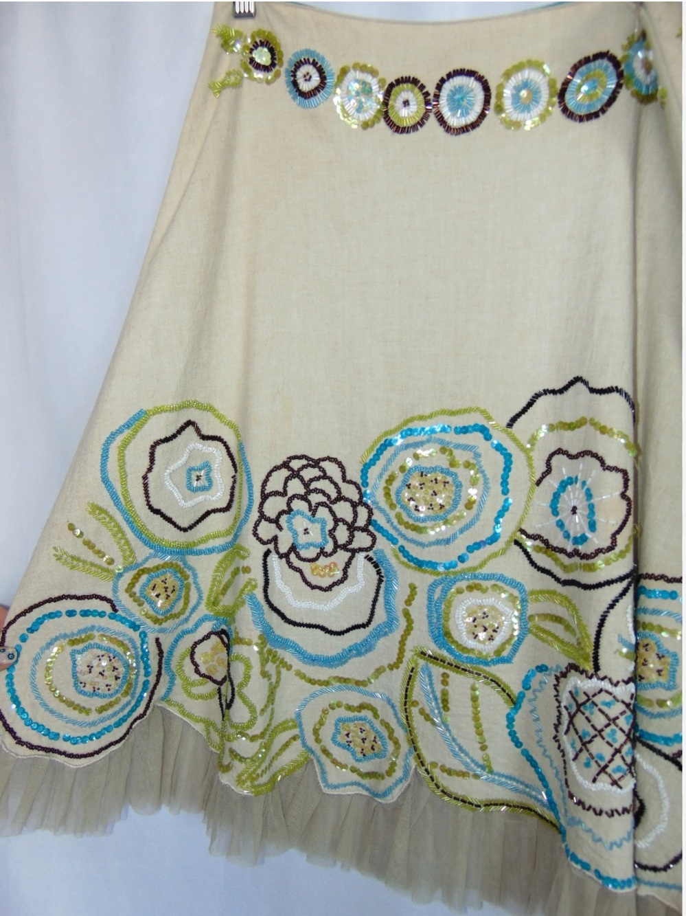Rare Y2K Vintage Basil & Maude Hand Beaded Linen Tulle Skirt Size 2 Floral